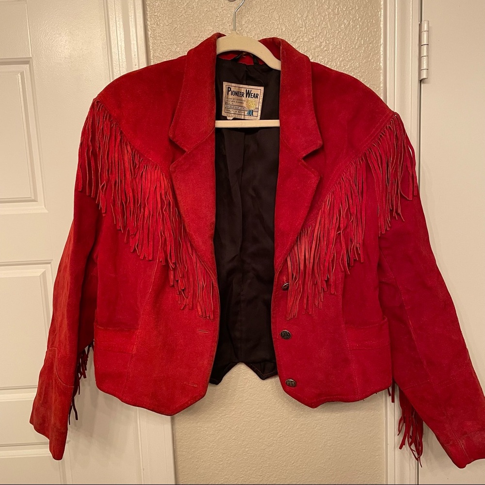 red cropped moto jacket with fringe